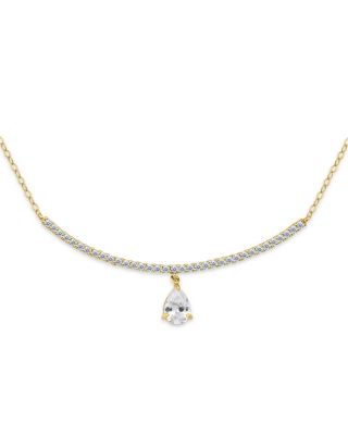 Cubic Zirconia Pear Shape Charm & Pav&eacute; Bar Statement Necklace in 18K Gold Plated Sterling Silver, 16"-18" - Exclusive