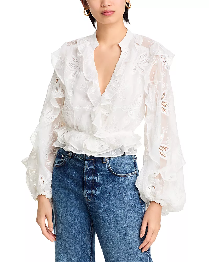 Bardot Ruffled Plunge V Embroidered Top