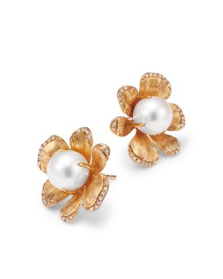 Freshwater Pearl & Diamond Flower Stud Earrings in 14K Yellow Gold