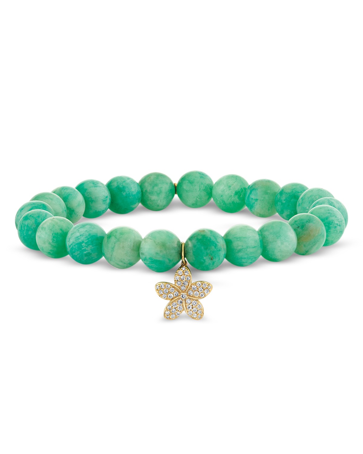 14K Yellow Gold Russian Amazonite & Diamond Plumeria Flower Charm Beaded Stretch Bracelet