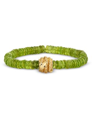 14K Yellow Gold Peridot & Diamond Accent Snake Beaded Stretch Bracelet