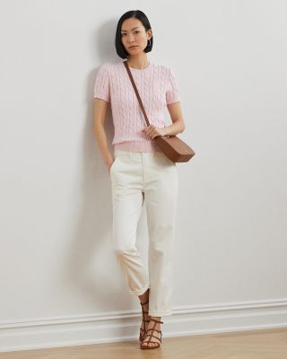 Cable Knit Cotton Short Sleeve Sweater 