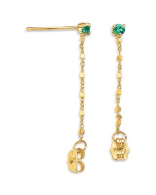 14K Yellow Gold Emerald Gemstones Square Bead Chain Earrings