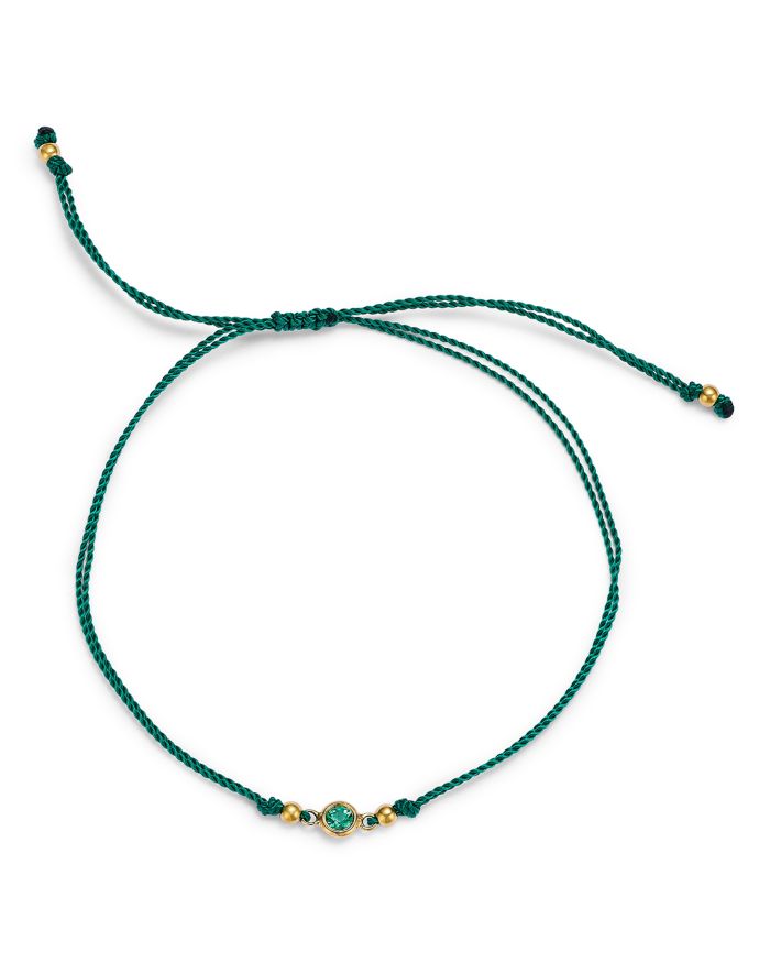 14K Yellow Gold Emerald Birthstones Silk Cord Slider Bracelet