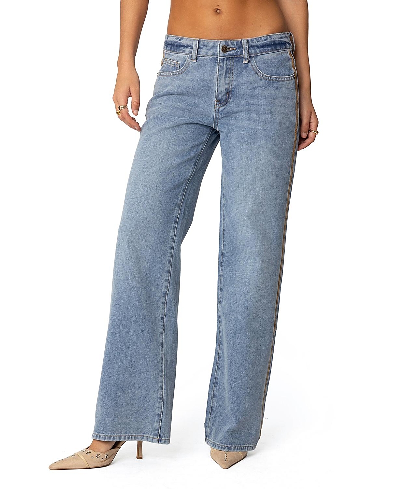 Shop Edikted Stripe Low Rise Medium Wash Jeans In Blue