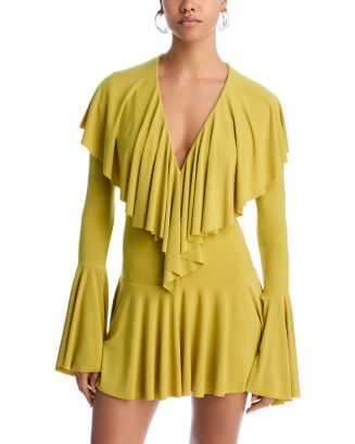 Norma Kamali Long Sleeve Deep V Ruffle Mini Dress | Bloomingdale's Women