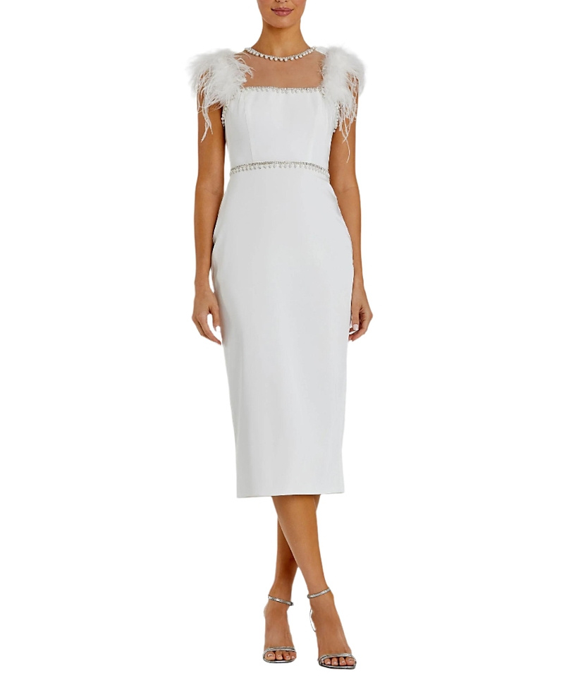Mac Duggal Feather Cap Sleeve Pearl Embellished T-Length Fit Dress