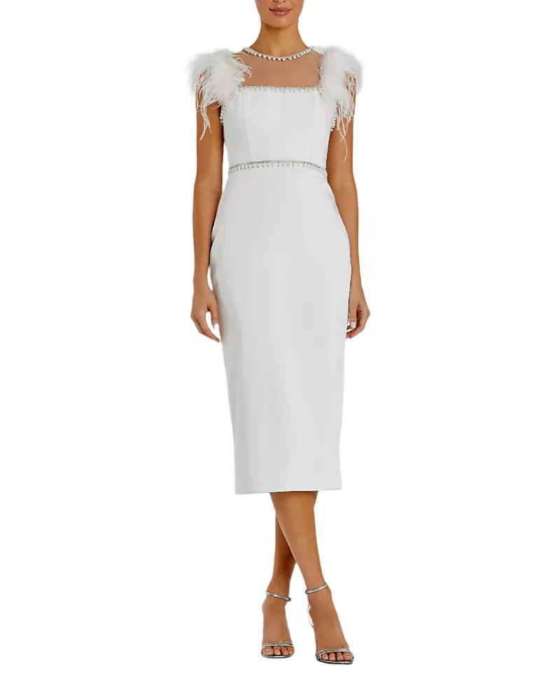 Mac Duggal Feather Cap Sleeve Pearl Embellished T-Length Fit Dress