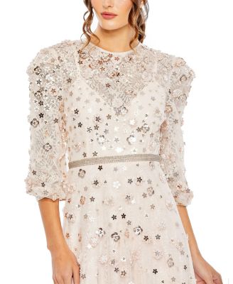 Floral Applique Puff Sleeve High Neck A-Line Gown