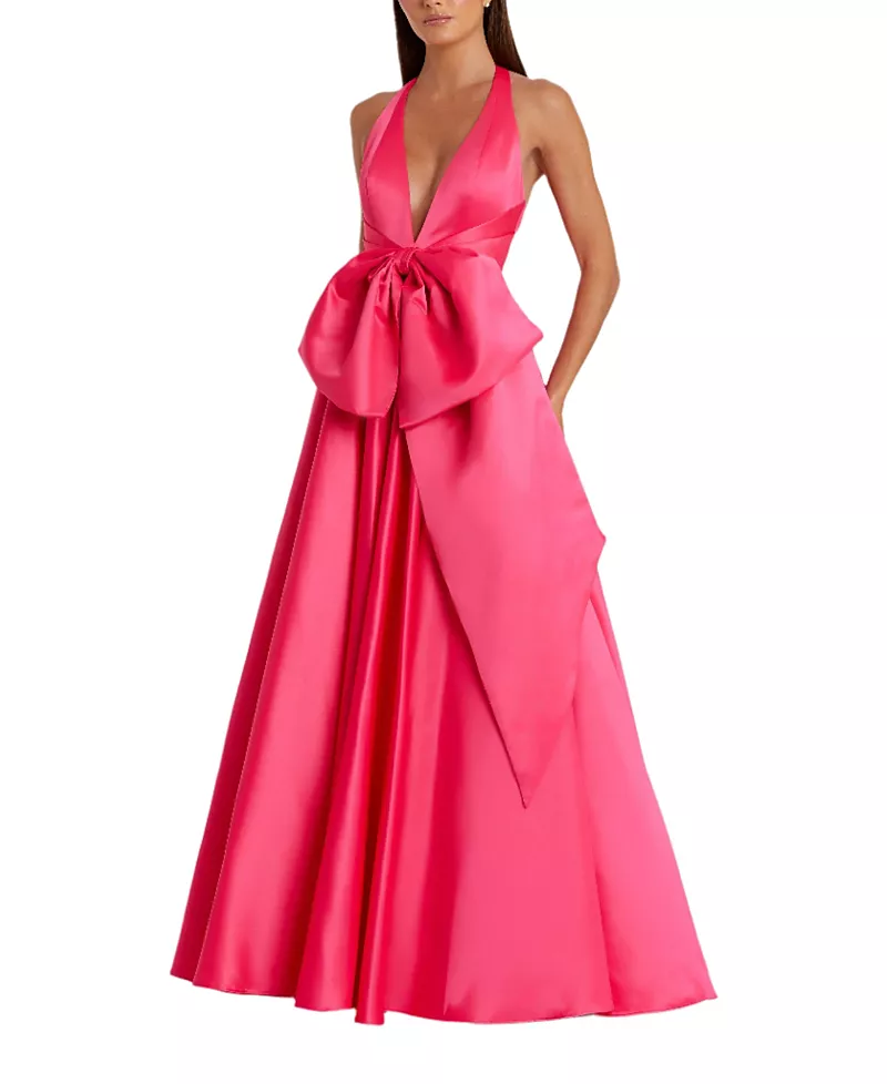 Mac Duggal Sleeveless Deep V Satin Gown with Oversized Bow