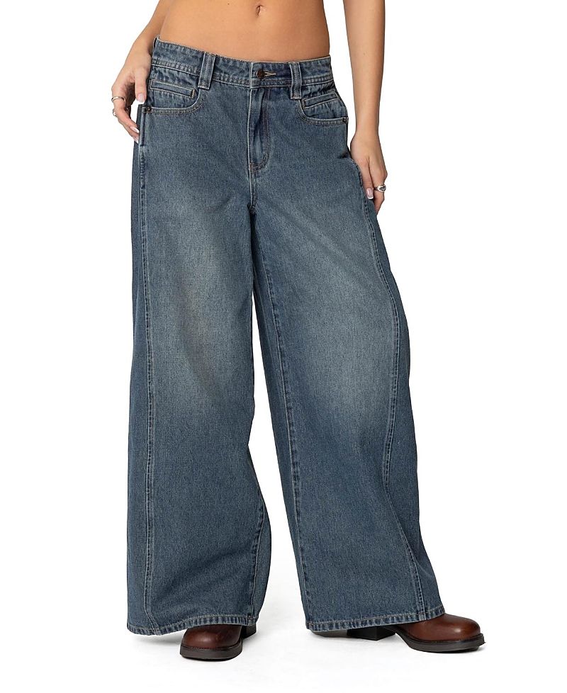 Edikted Hilla Side Pleat Low Rise Baggy Wide Leg Jeans In Blue