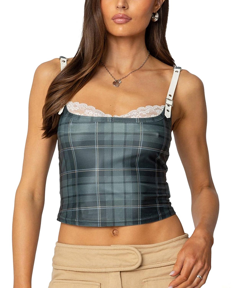 EDIKTED PLAID LACEY PEEKABOO TOP