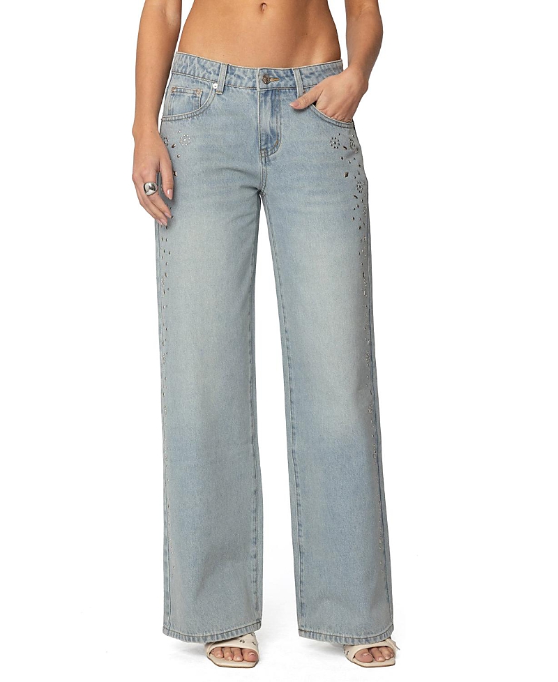Edikted Everly Studded Low Rise Light Rinse Wash Jeans In Blue