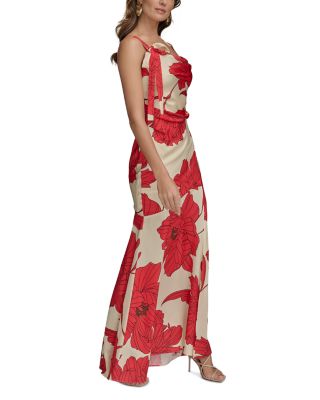 Satin Floral Draped Neck Gown