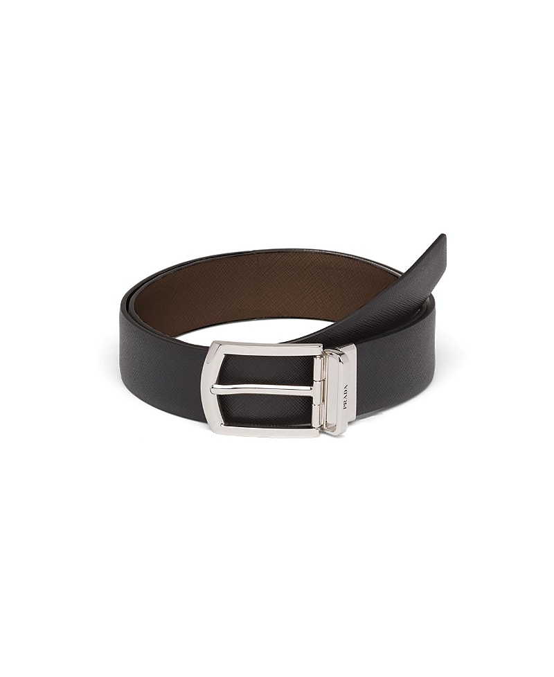 Prada Mens Black Reversible Saffiano Leather Belt In Black/burnt Sienna