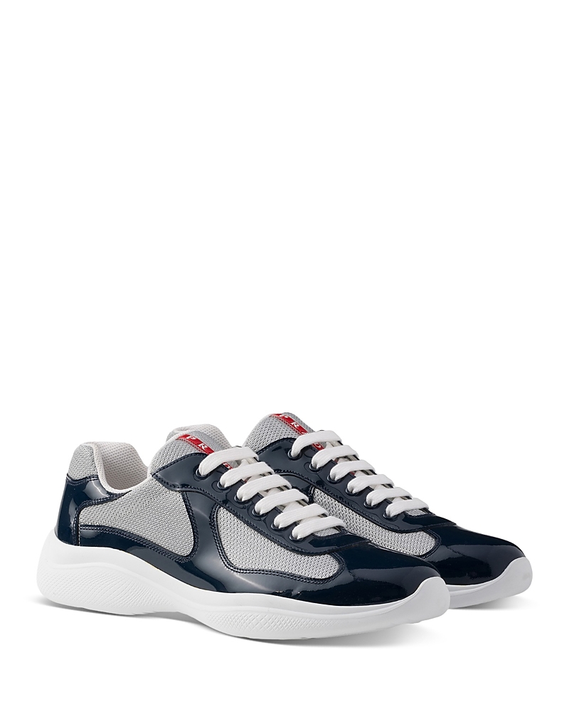 Prada Men's Patent Leather and Technical Fabric America's Cup Sneakers in Royal Blue/Silver
