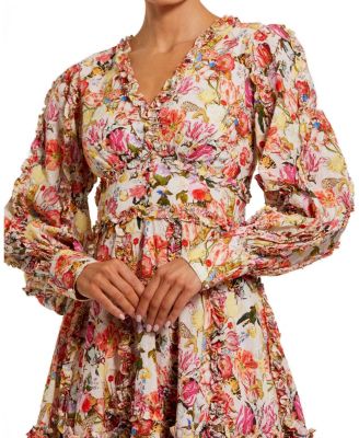 Ruffle Floral V Neck Cotton Mini Dress