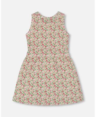  Girls' Printed Ribbed Dress with Waist Tie Small Flowers- Little Kid