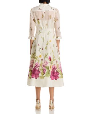 Silk And Linen Flower Border Print Shirt Waist Dress