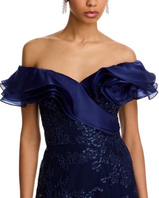 Organza Off Shoulder Sequin Embroidered Tulle Gown