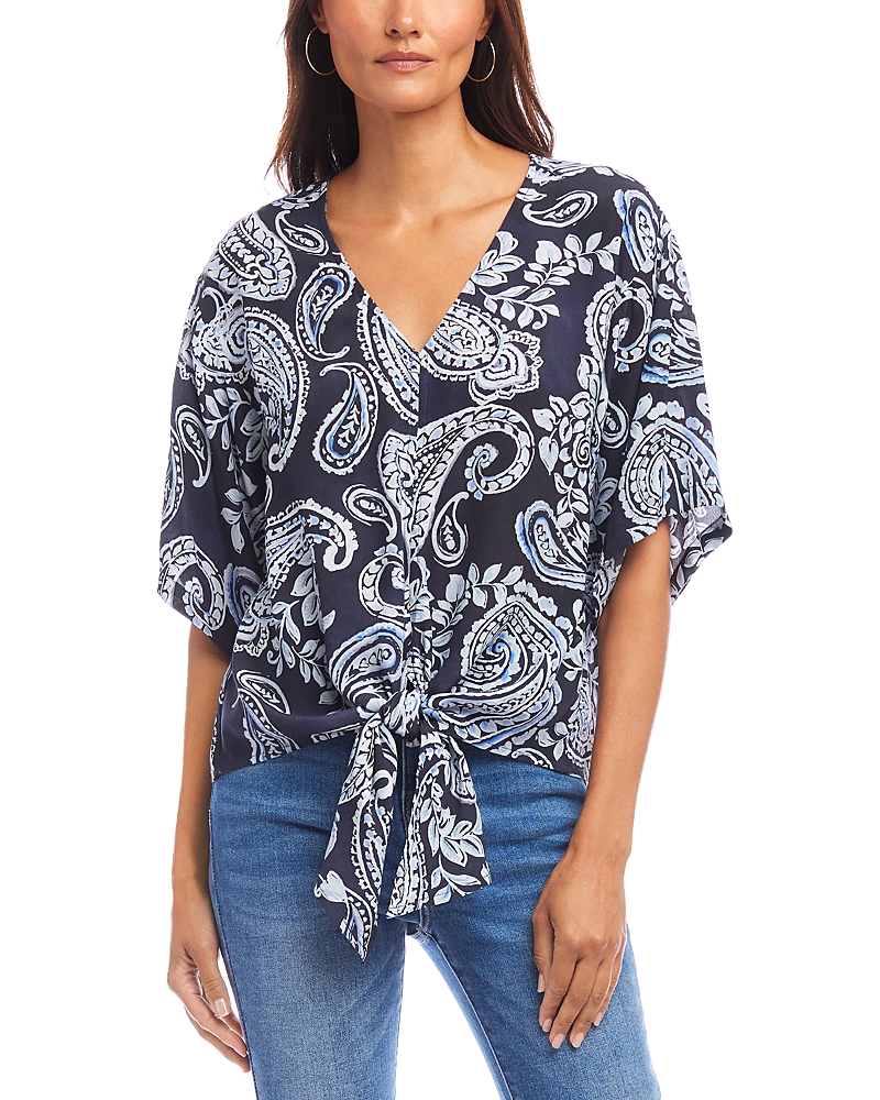 Karen Kane Flutter Sleeve Tie Front Top In Paisley In Blue