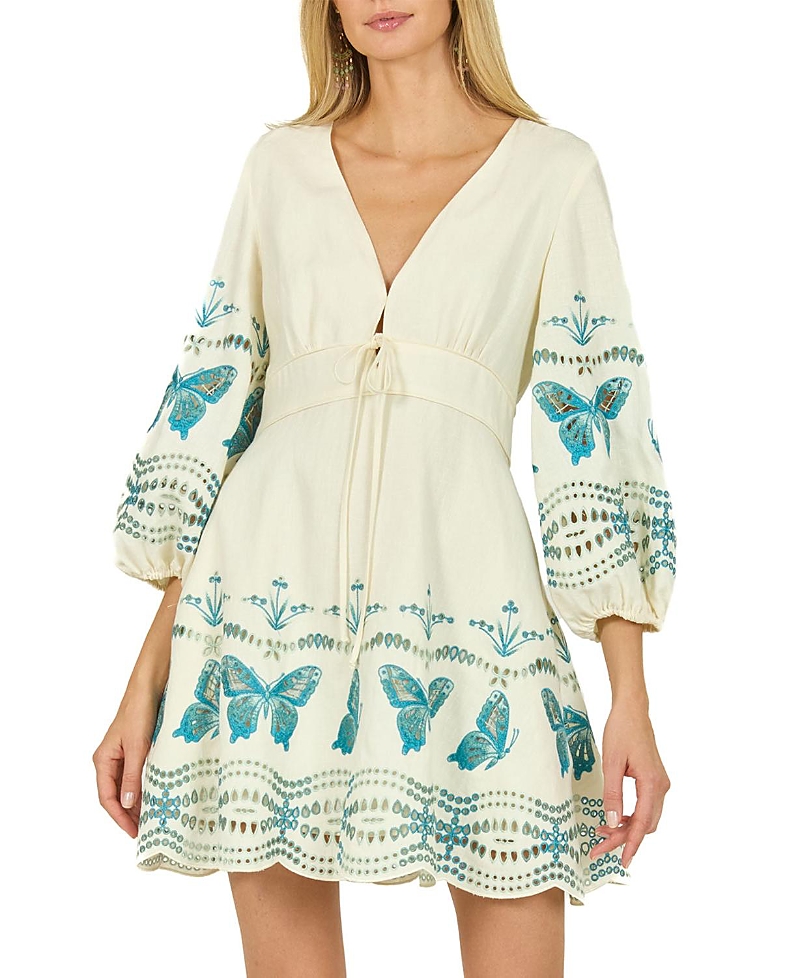 Shop Secret Mission Priscilla Dress In Creme With Multi Blue Embroidery