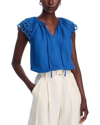 Embroidered Puff Sleeve Split Neck Blouse