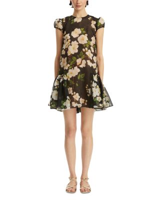 Short Sleeve Drop Waist Cherry Blossom Cloque Dress