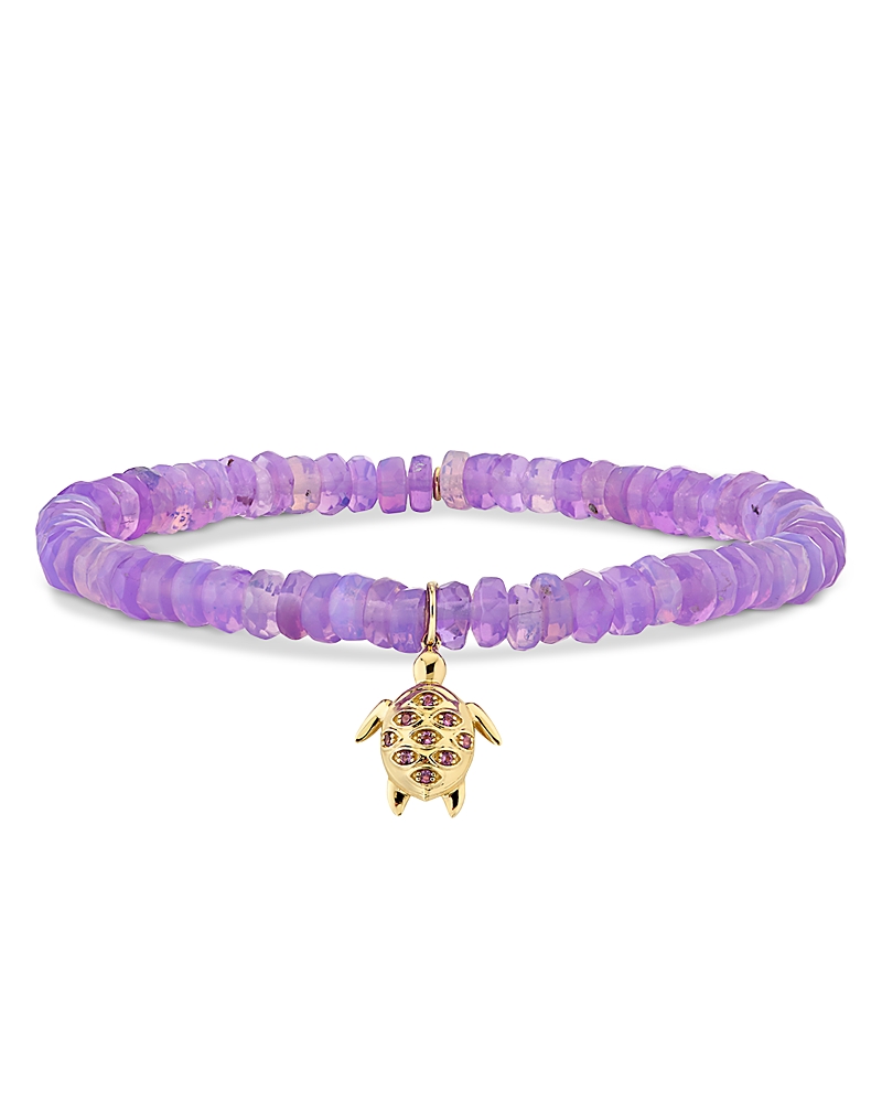 Sydney Evan 14k Yellow Gold Amethyst Turtle Charm Purple Ethiopian Opal Beaded Stretch Bracelet In Multi