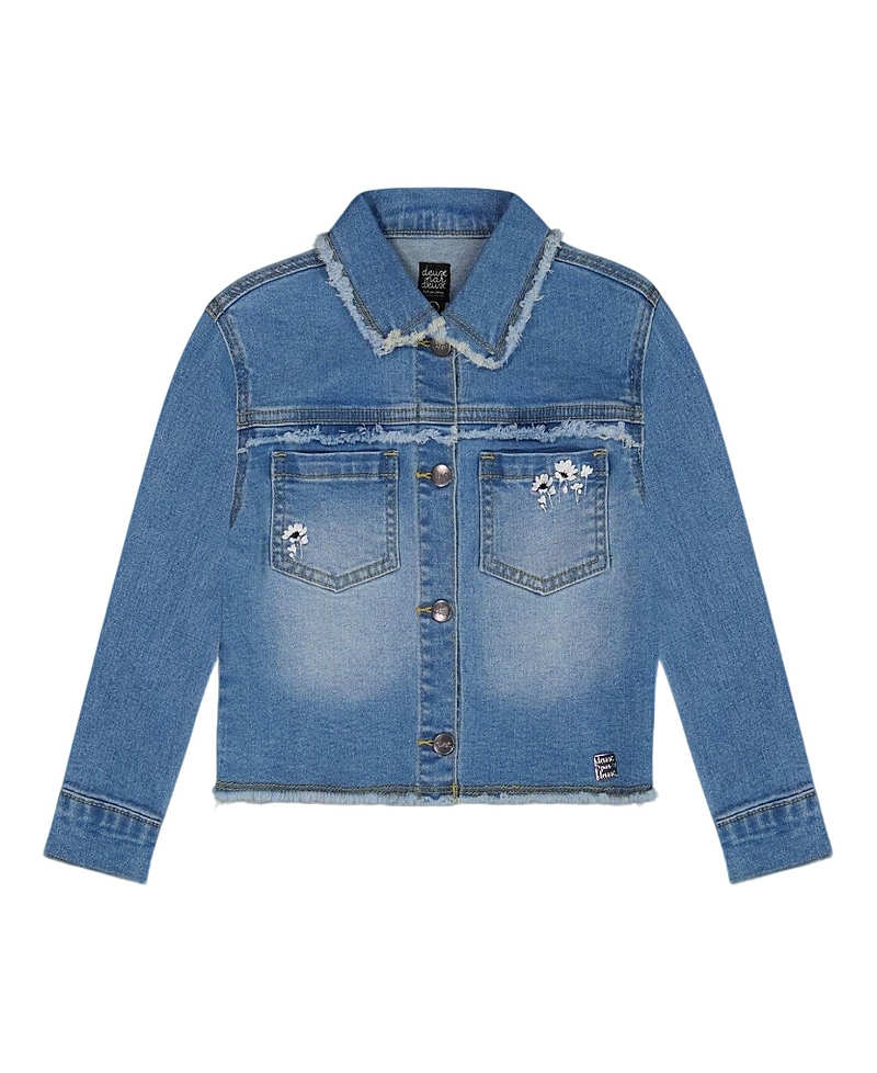 Deux Par Deux Girl's Frayed Denim Jacket With Embroidery Jeans Blue