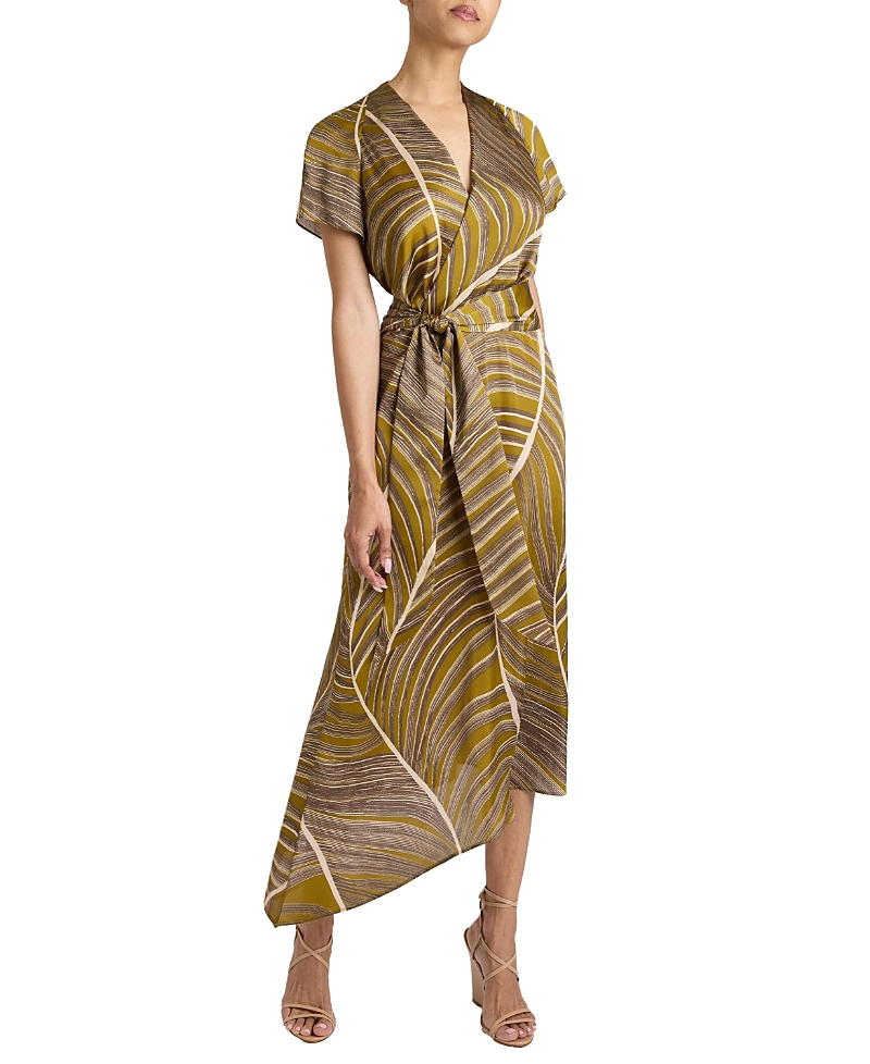Santorelli Haley Cap Sleeve Faux Wrap Hi Lo Midi Dress In Printed Charmeuse In Coconut