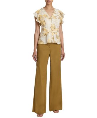 ELLA Flutter Sleeve Buttoned Blouse with Waist Panel in Floral Printed Cotton Cloque