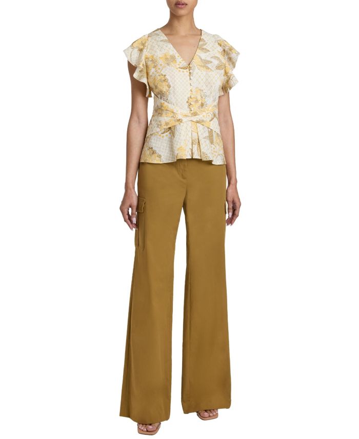 ELLA Flutter Sleeve Buttoned Blouse with Waist Panel Floral Printed Cotton Cloque