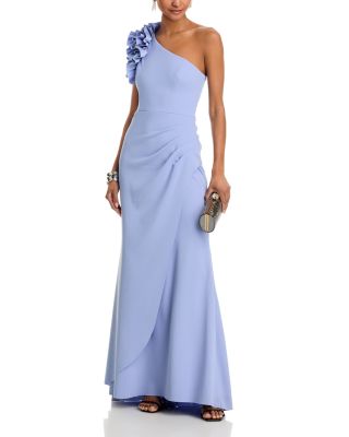 One Shoulder Ruffle Crepe Gown - Exclusive
