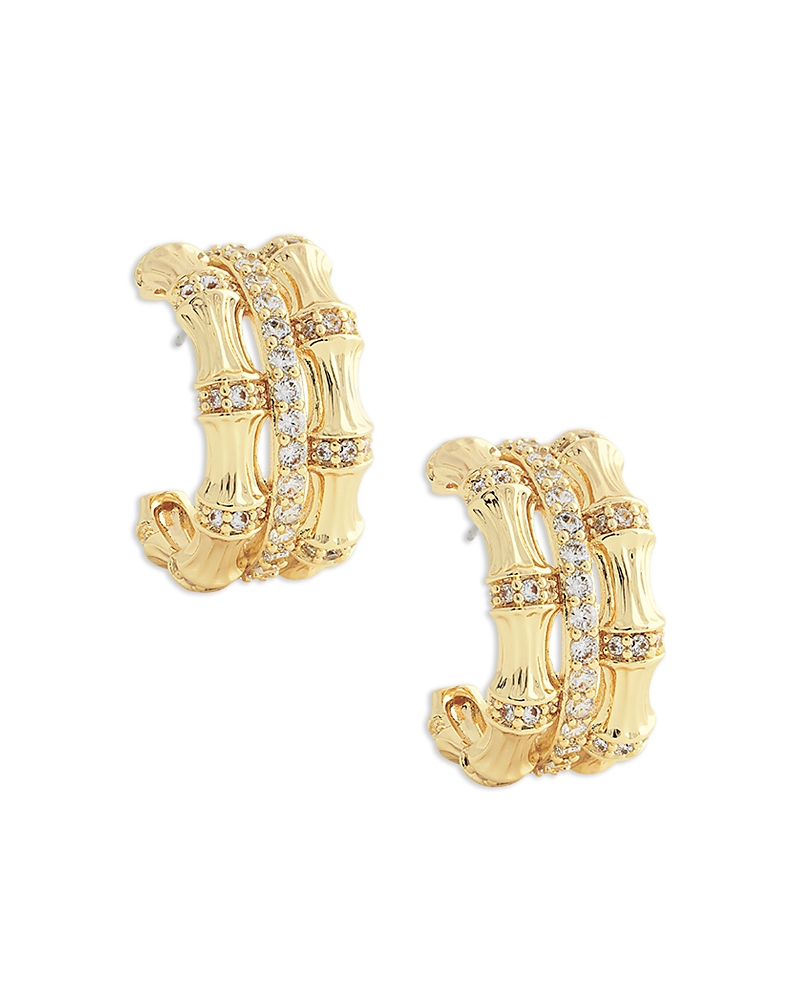Anabel Aram Pave Bamboo Stacked Half Hoop Earrings in 18K Gold Plated