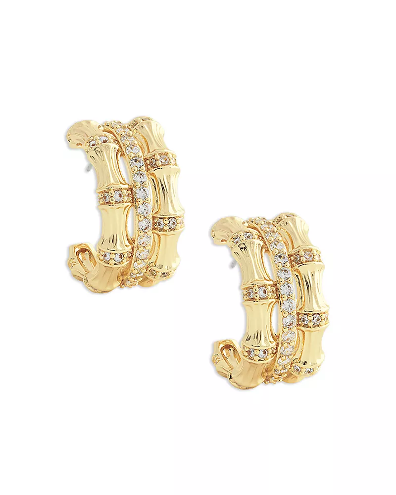 Anabel Aram Pave Bamboo Stacked Half Hoop Earrings in 18K Gold Plated