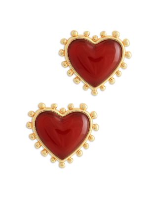 Heart Stone & 18K Yellow Gold Plated Stud Earrings, 0.5"L