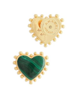 Heart Malachite & 18K Yellow Gold Plated Stud Earrings, 0.5"L