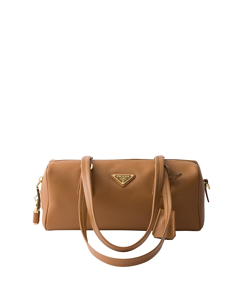 Prada Re-nylon And Leather Medium Top-handle Bag With Padlock In Brown