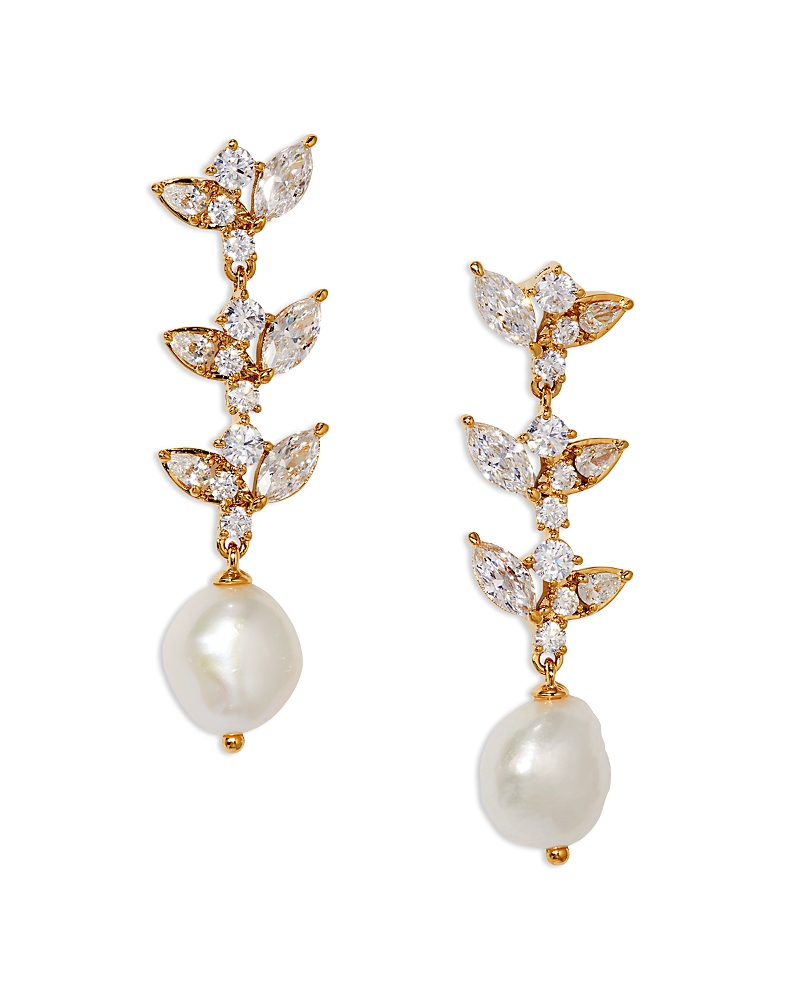 NADRI RAVISH CUBIC ZIRCONIA & FRESHWATER PEARL LINEAR DROP EARRINGS IN GOLD TONE