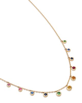 Rainbow Sapphire Bezel Drop Station Necklace in 14K Yellow Gold, 18"