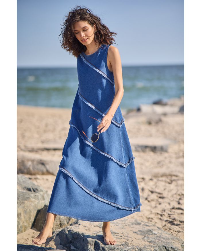 Mirabella Denim Fringe Midi Dress