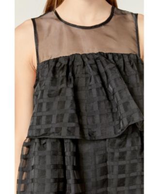 Women's Organza Gridded Tiered Sleeveless Mini Dress