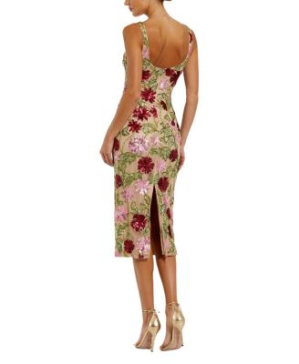 Floral Beaded Mesh Scoop Neck Fitted Midi Dress