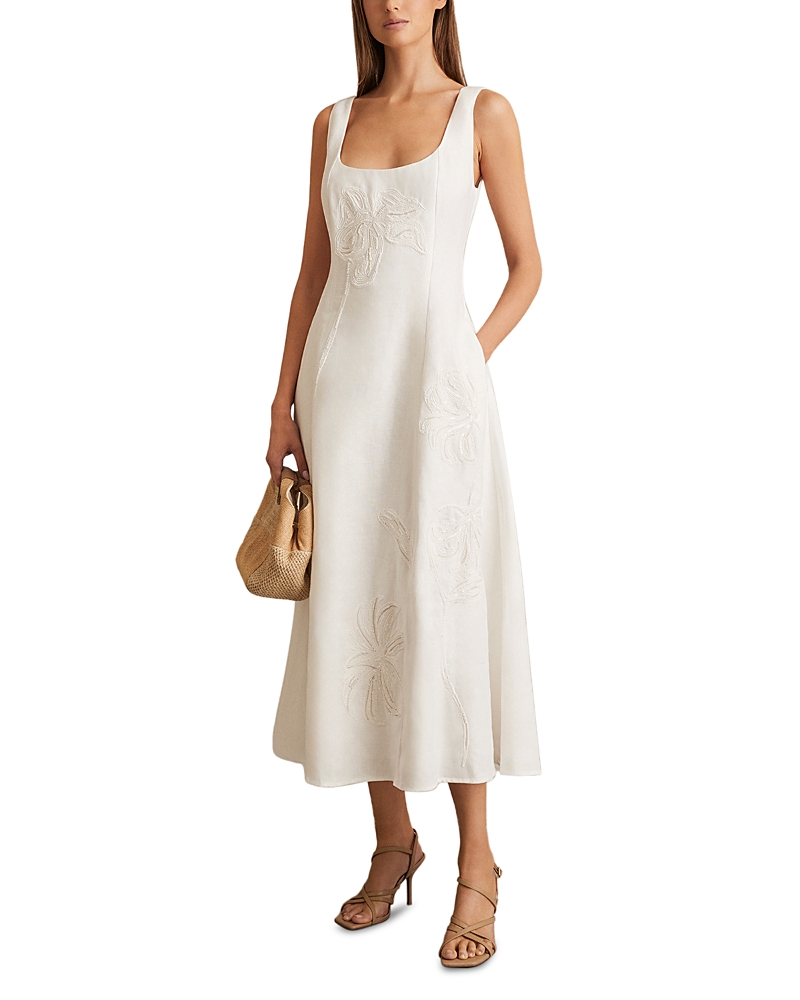 Reiss Womens Ivory Elise Floral-embroidered Linen Midi Dress In White
