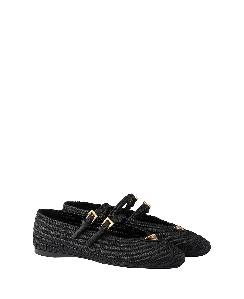 Prada Crystal Saffiano Dual Mary Jane Ballerina Flats In Black