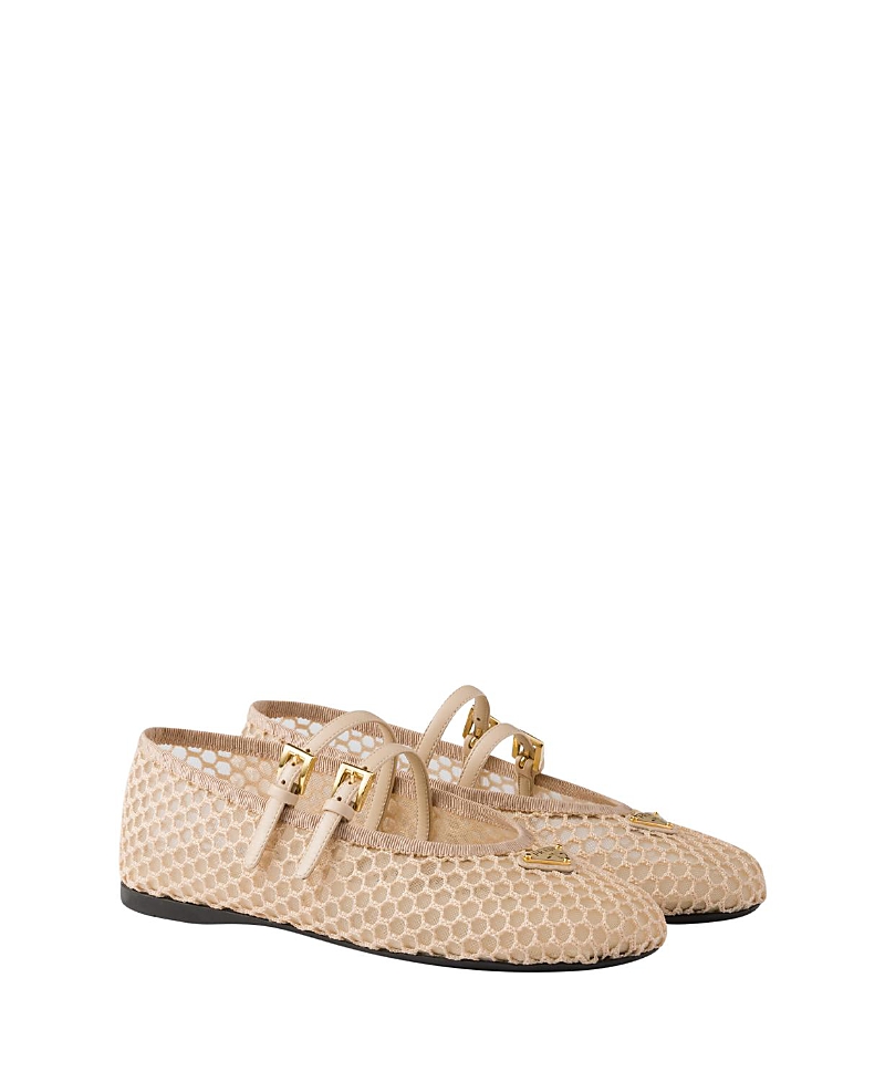 Prada Mesh Ballerinas With Flat Sole And Round Toe In Neutral