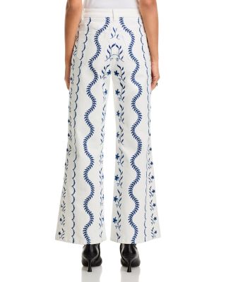 Embroidered High Rise Wide Leg Jeans in White/Blue - Exclusive