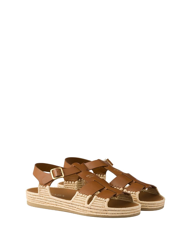 Prada Leather And Raffia Sandals In Brown