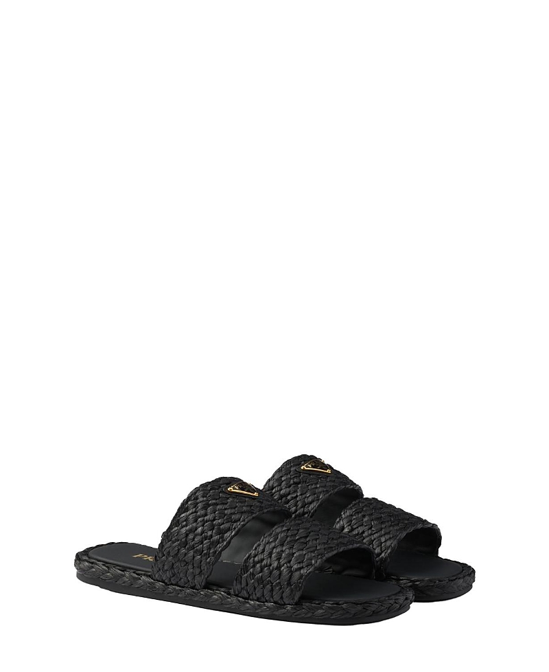 Prada Triangle-logo Open-toe Slides In Black